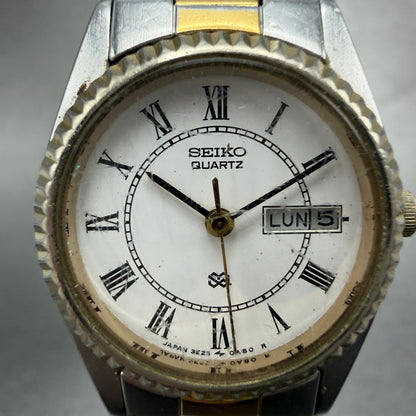Seiko SQ Watch Women 24mm White Dial Two Tone Daydate Round 3E23-0A60 New Batt1