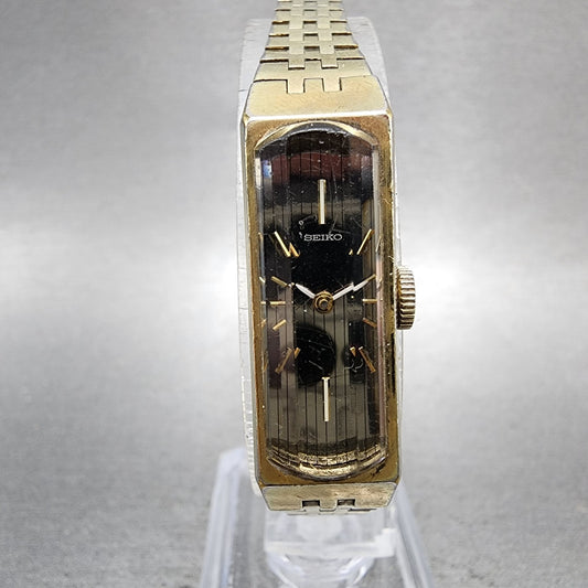 Seiko Tank Watch Women 13mm Silver Dial Gold Tone Rectangle Manual Wind Runs0
