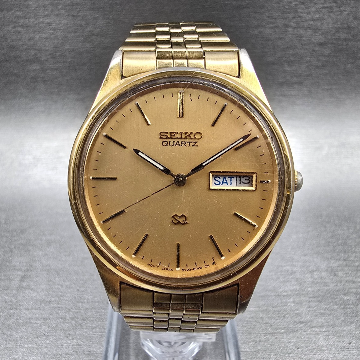 Seiko SQ Watch Men 34mm Gold Dial Gold Tone Daydate Round 5Y23-8049 New Batt JP10