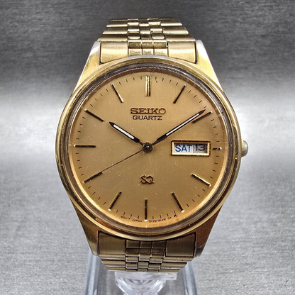 Seiko SQ Watch Men 34mm Gold Dial Gold Tone Daydate Round 5Y23-8049 New Batt JP10