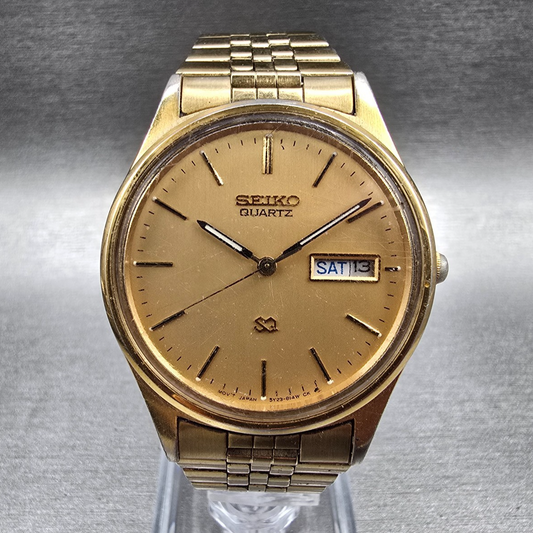Seiko SQ Watch Men 34mm Gold Dial Gold Tone Daydate Round 5Y23-8049 New Batt JP10