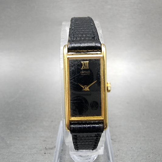 Seiko Tank Watch Women 13mm Black Dial Gold Tone Rectangle 2e206120 New Battery0