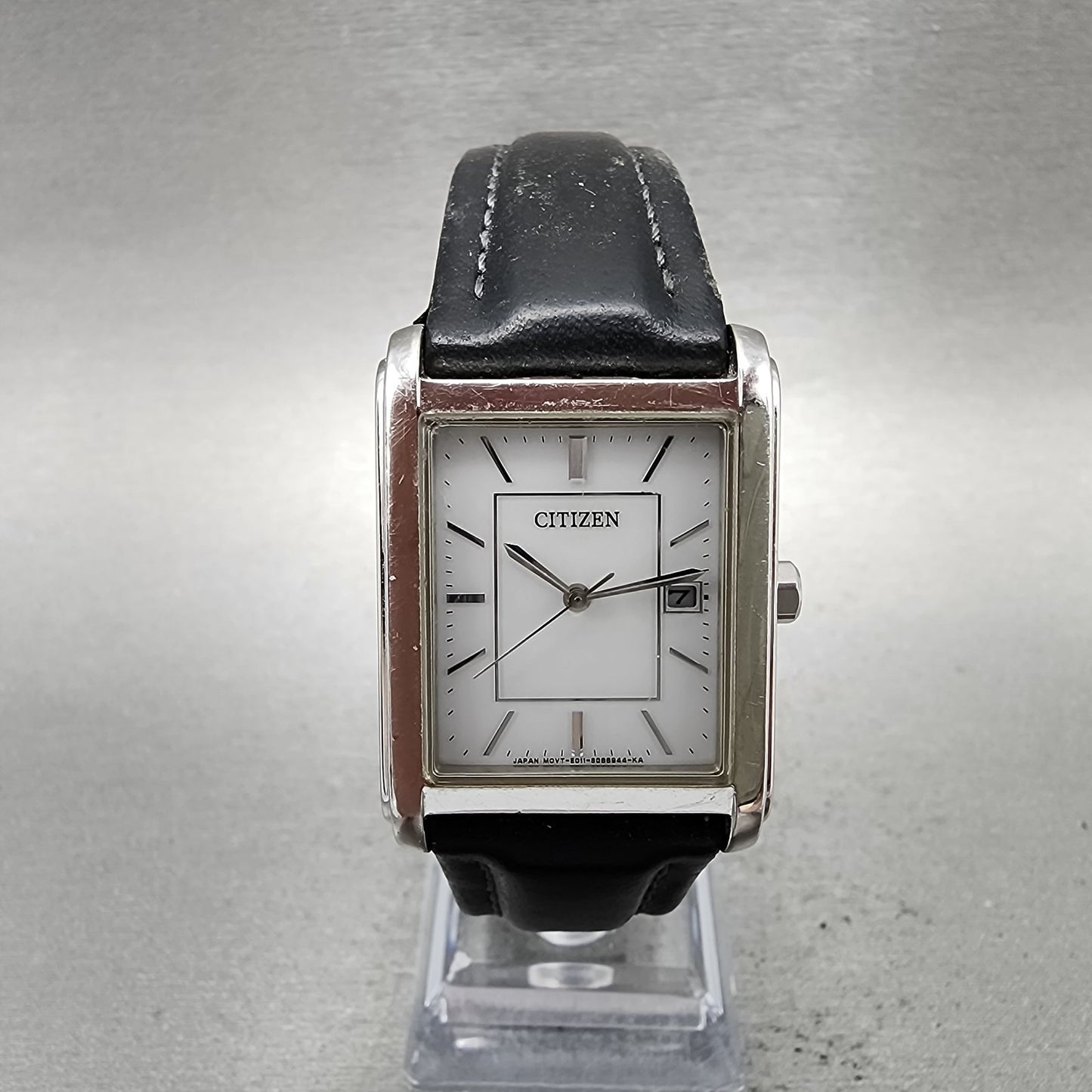 Citizen EcoDrive Tank Watch Men 26mm White Dial Silver Tone Date Rectangle Runs0