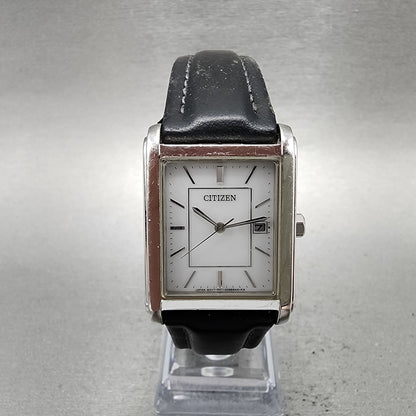 Citizen EcoDrive Tank Watch Men 26mm White Dial Silver Tone Date Rectangle Runs0