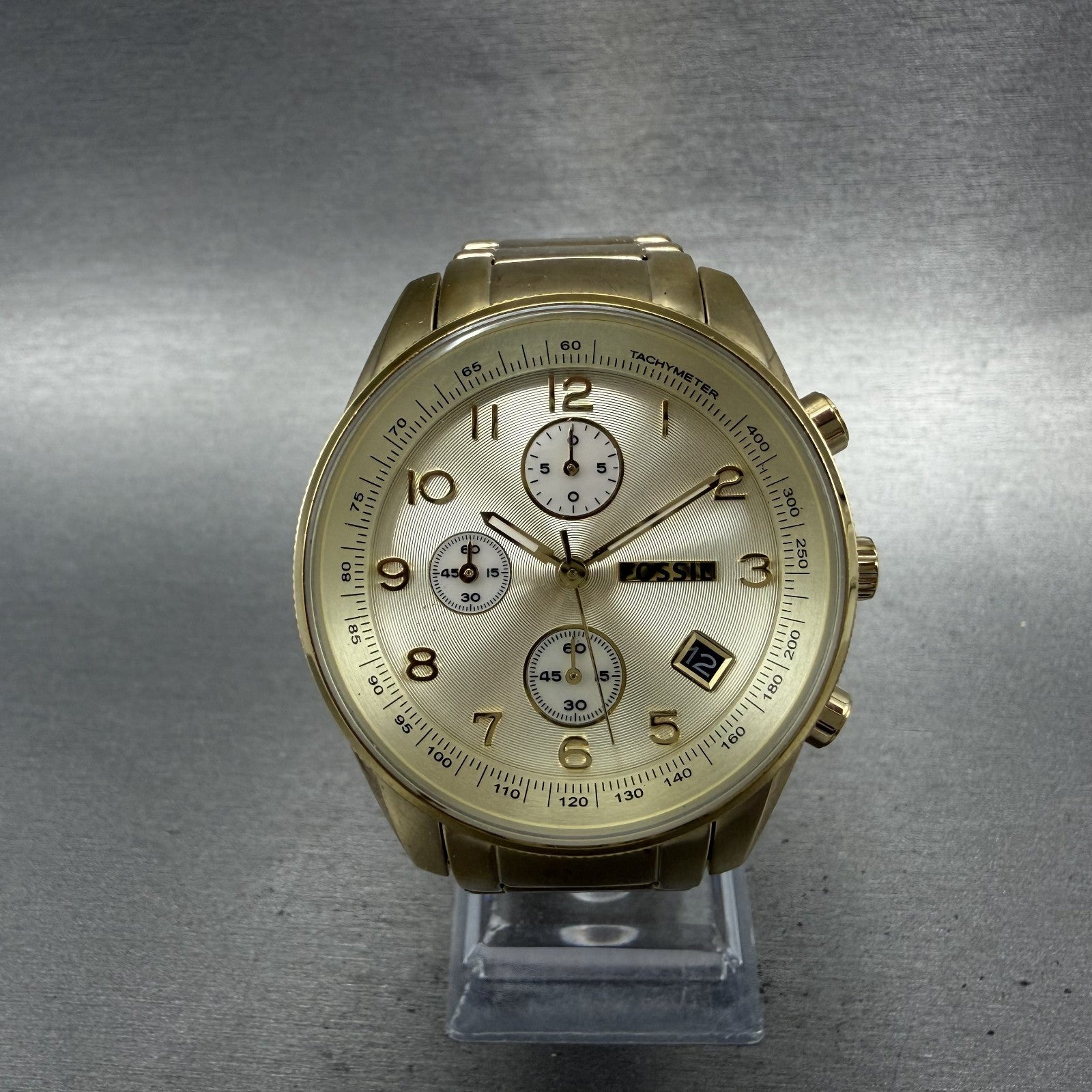 Fossil Chronograph Watch Women 40mm Champagne Dial Gold Tone Date Round New Batt0