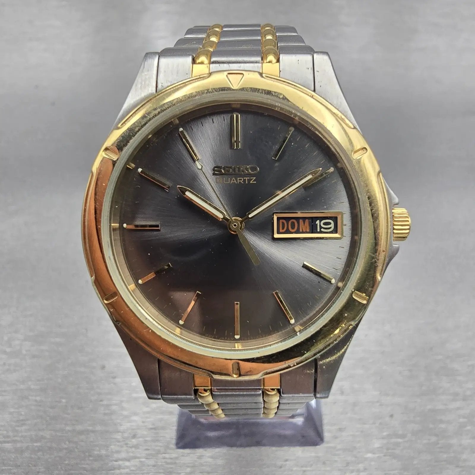 Seiko Watch Men 35mm Gray Dial Two Tone Daydate Round 7N43-6A09 New Battery VTG0