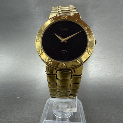 Gucci 3300M Watch Men 33mm Black Dial Gold Tone Round Vintage Bracelet PARTS6