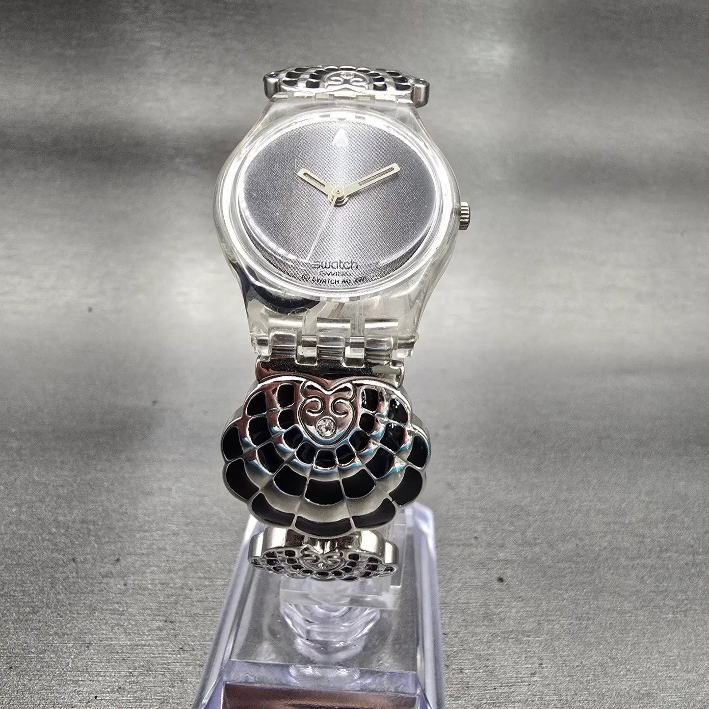 Swatch Revue Star Watch Women 25mm Gray Dial Clear Case Round LM130G New Battery5