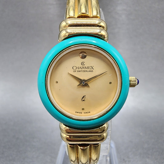 Charmex Watch Women 25mm Gold Dial Gold Tone Round Interchangeable Bezel New Bat0