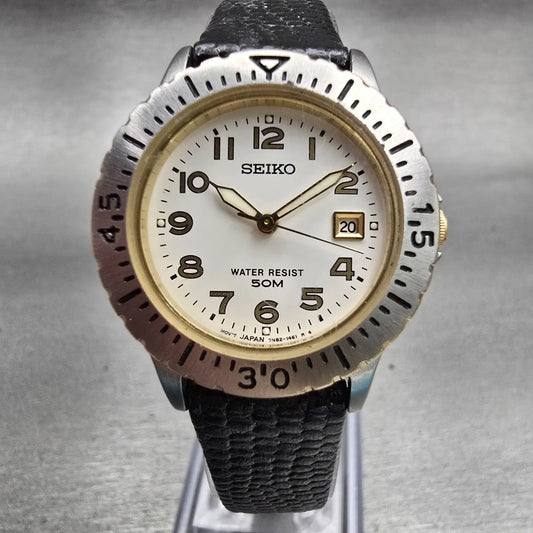 Seiko Watch Women 28mm White Dial Two Tone Date Round 7N82-0650 New Battery VTG0