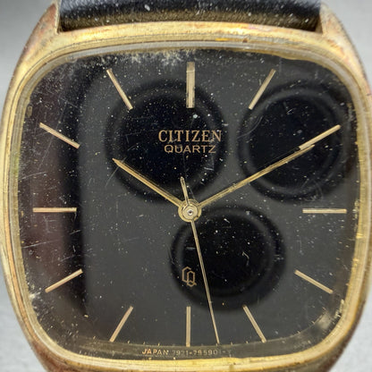 Citizen CQ Watch Men 32mm Black Dial Gold Tone Recatngle 4-795547 New Battery1