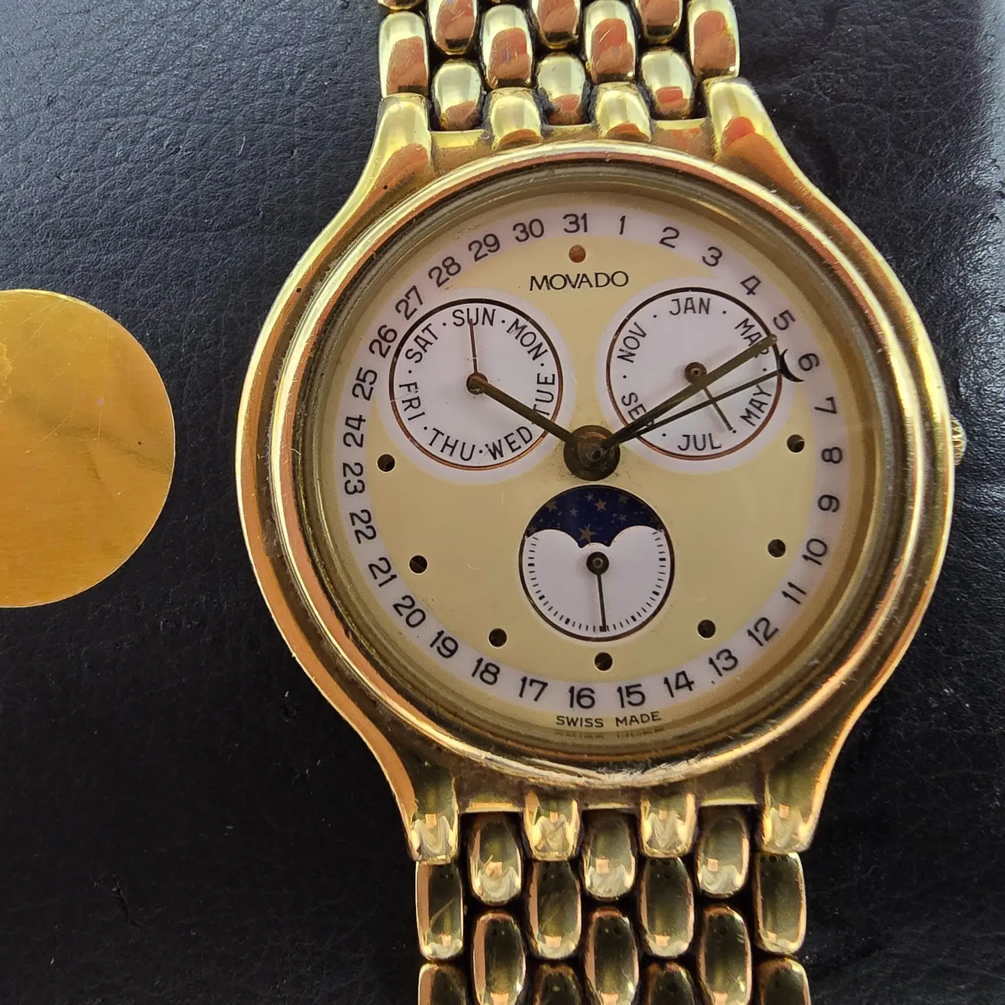 Movado Triple Calendar Moon Phase Watch Men 32mm White Dial Gold Tone NewBattery1