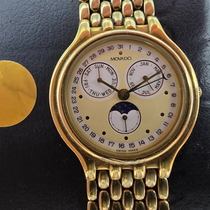 Movado Triple Calendar Moon Phase Watch Men 32mm White Dial Gold Tone NewBattery1