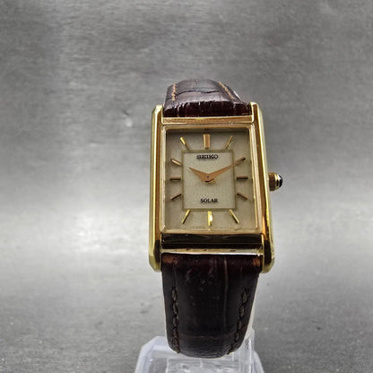 Seiko Solar Tank Watch Women 18mm Champagne Dial Gold Tone V115-0BD0 Runs5