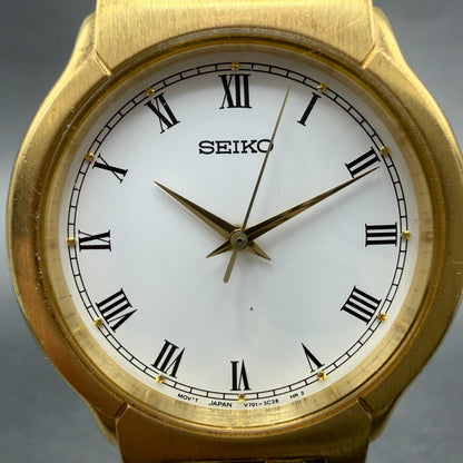 Seiko Watch Men 32mm White Dial God Tone Round V701-2b60 New Battery Vinatge1