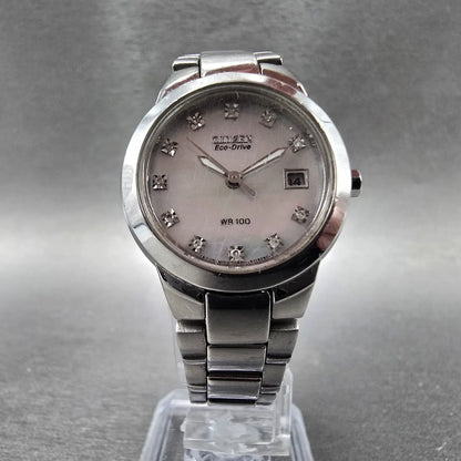Citizen Eco-Drive Watch Women 26mm MOP Dial Steel Date Gems E011-S070074 Runs5