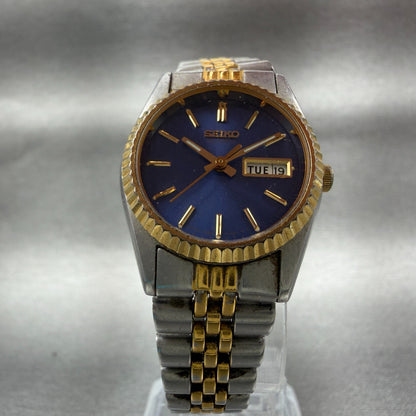 Seiko Watch Women 24mm Blue Dial Two Tone Daydate Round 7N830049 New Batt AB325