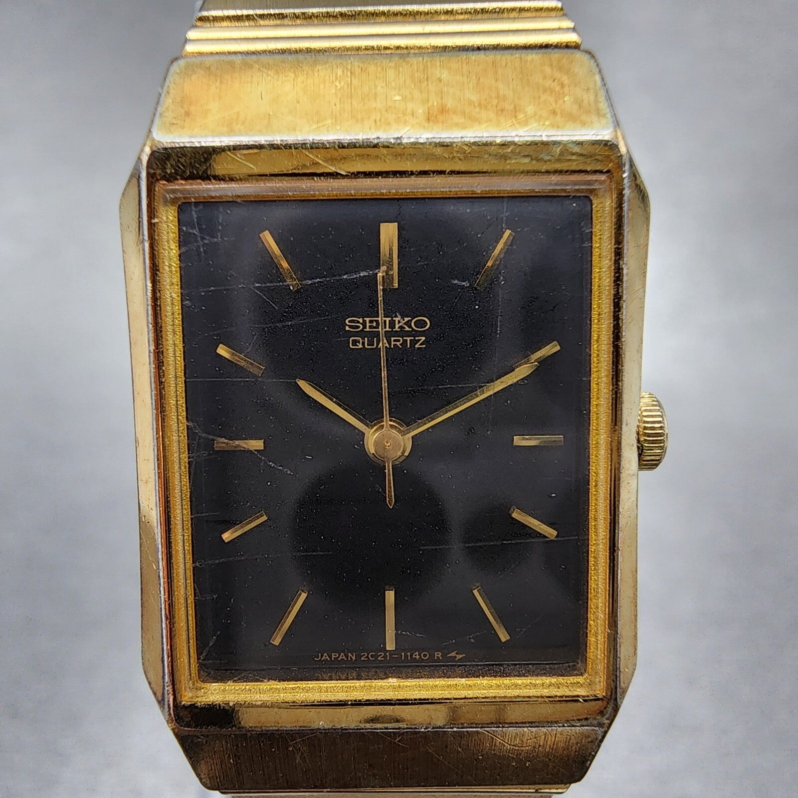 Seiko Tank Watch Women 19mm Black Dial Gold Tone Octagon 2C215220 New Battery1