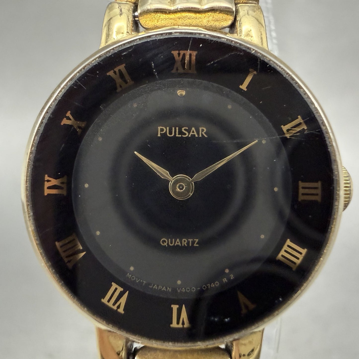 Seiko Pulsar Watch Women 22mm Black Dial Gold Tone Round V4000270 New Battery1