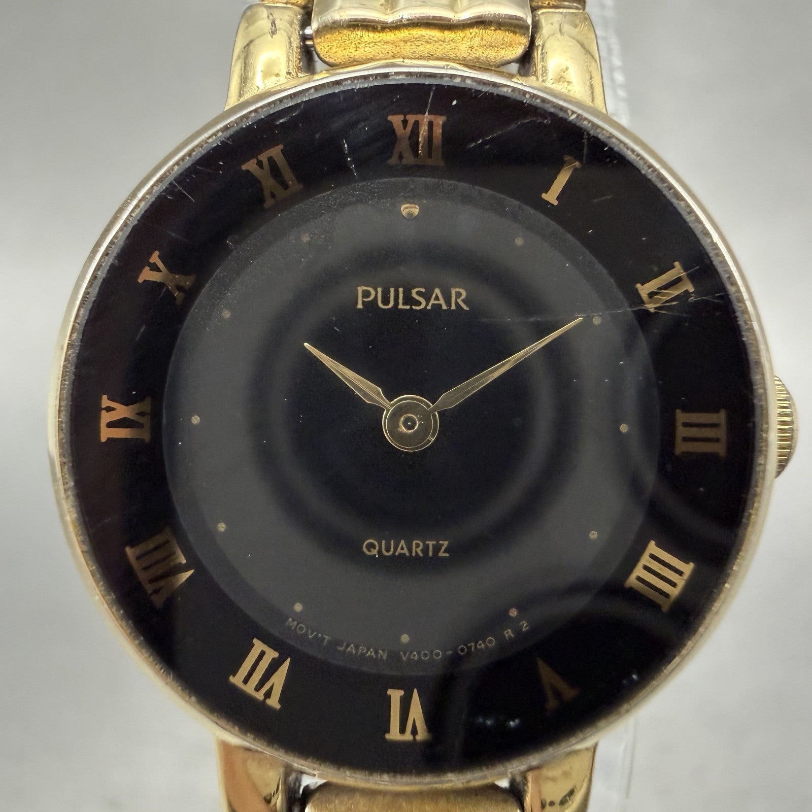 Seiko Pulsar Watch Women 22mm Black Dial Gold Tone Round V4000270 New Battery1