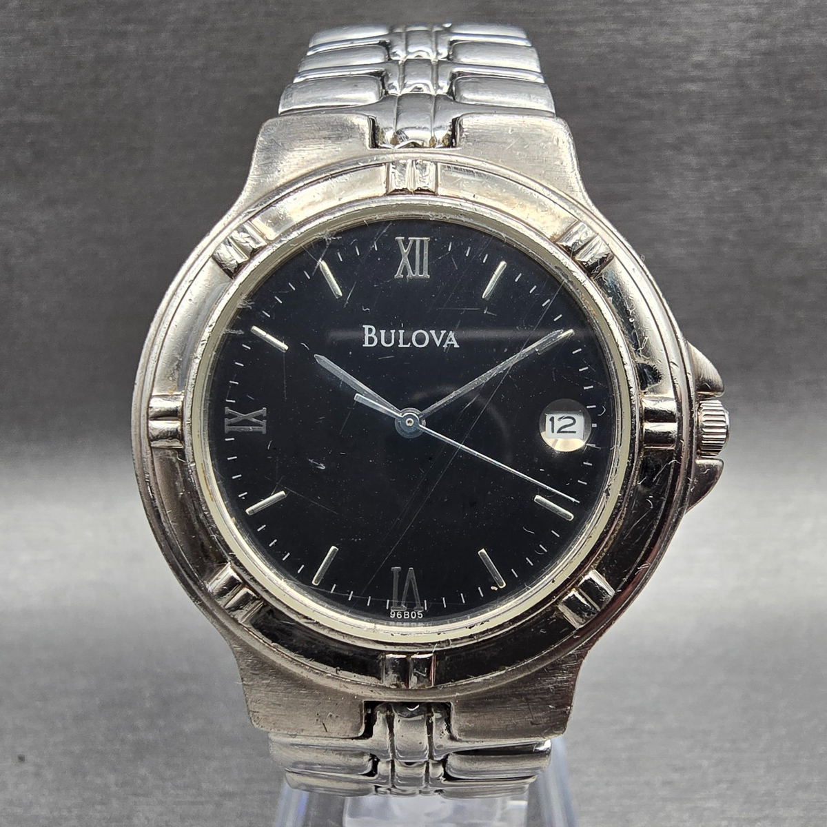 Bulova Watch Men 39mm Black Dial Silver Tone Date Round 96B05 New Battery0