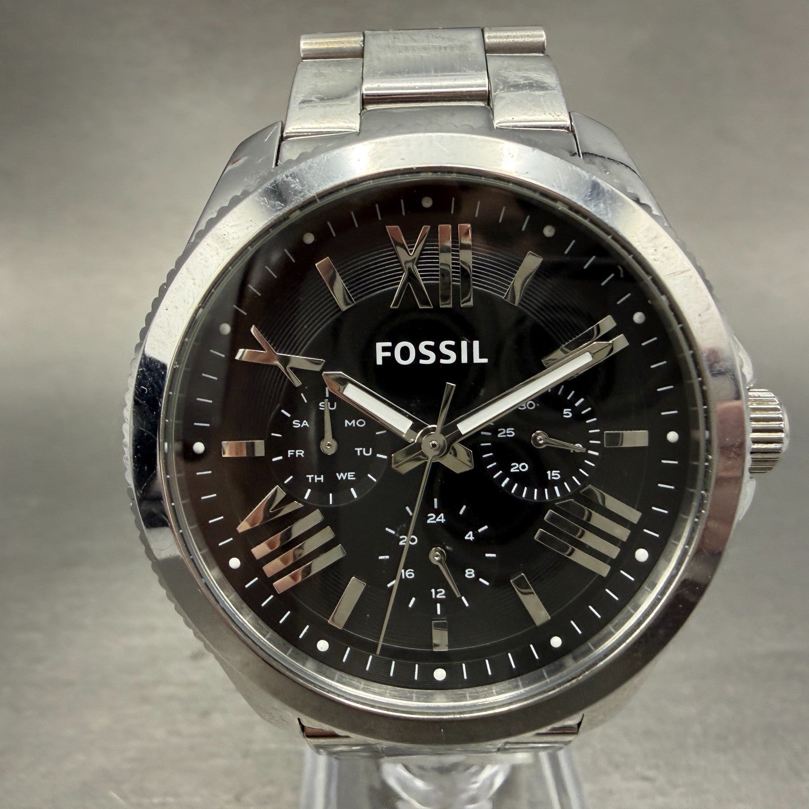 Fossil Cecile Watch Women 41mm Black Dial Silver Tone Daydate Round New battery0