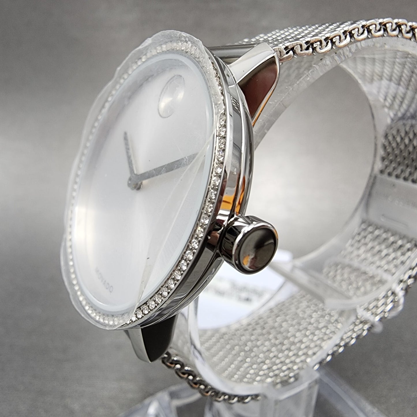 Movado Bold Shimmer Watch Women 34mm Silver Dial Steel Crystal Bezel New Batt
