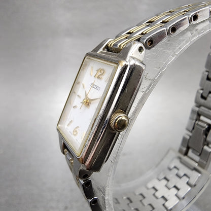 Seiko Tank Watch Women 16mm White Dial Two Tone Rectangle 1N010FH0 New Battery2