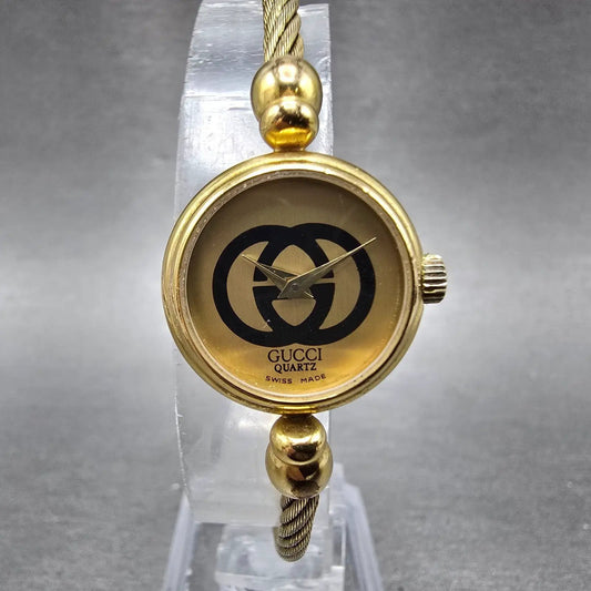 Gucci Watch Women 20mm Black Dial Gold Plated Round 2047L New Battery Vintage0