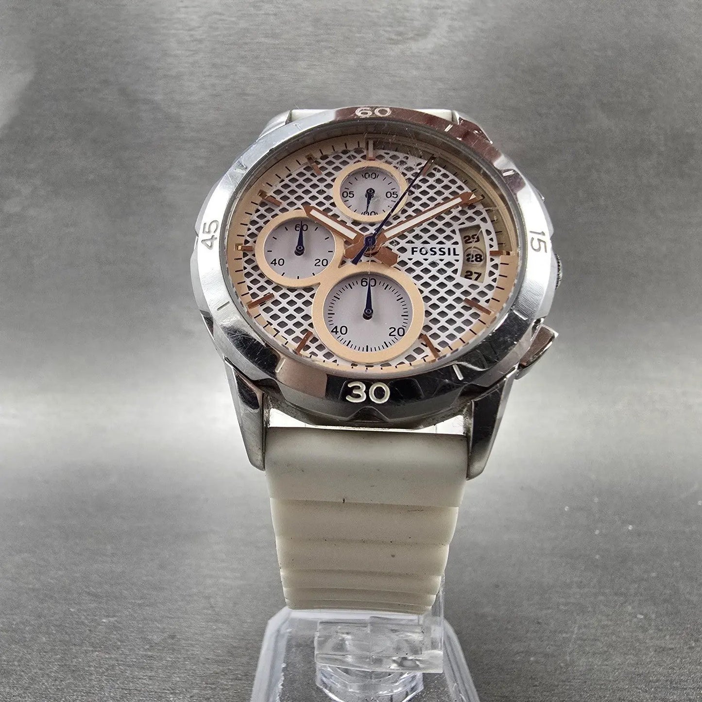 Fossil Chronograph Watch Women 39mm White Dial Silver Tone Date ES4024 New Batt5