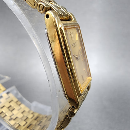Seiko Tank Watch Women 13mm Champagne Dial Gold Tone 2e207021 New Battery ABC123
