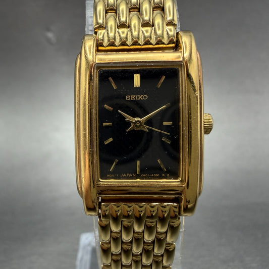 Seiko Tank Watch Women 18mm Black Dial Gold Tone Rectangle V401-5650 New Batt JO0