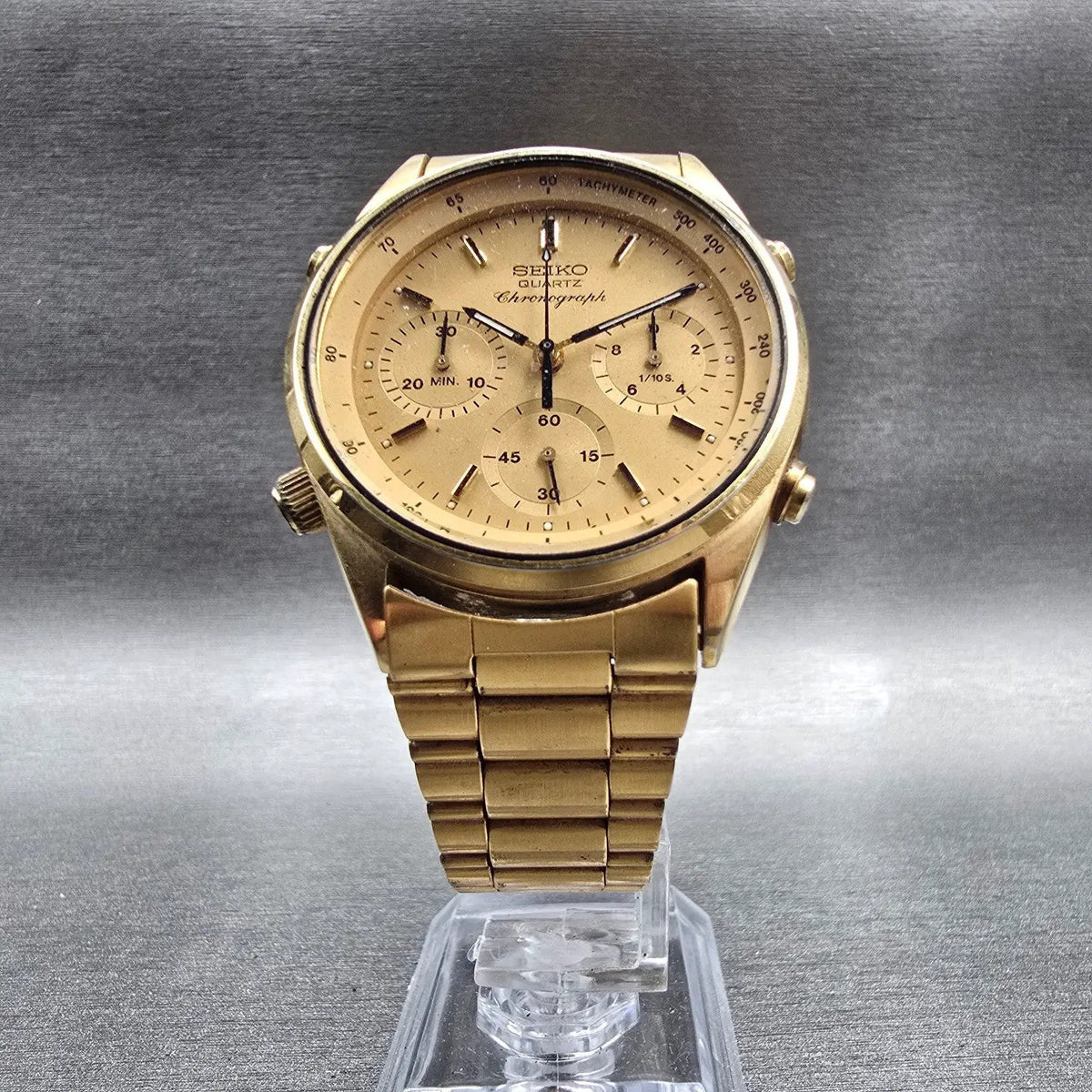 Seiko Chronograph Watch Men 37mm Gold Dial Gold Round 7A28-7029 New Battery VTG5