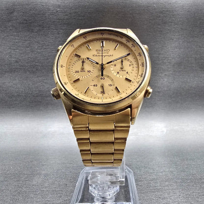 Seiko Chronograph Watch Men 37mm Gold Dial Gold Round 7A28-7029 New Battery VTG5