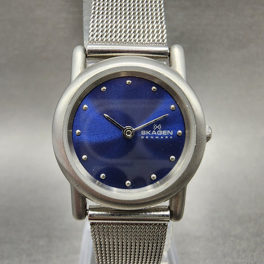 Skagen Watch Women 25mm Blue Dial Silver Tone Round Mesh band P4SSN New Battery0