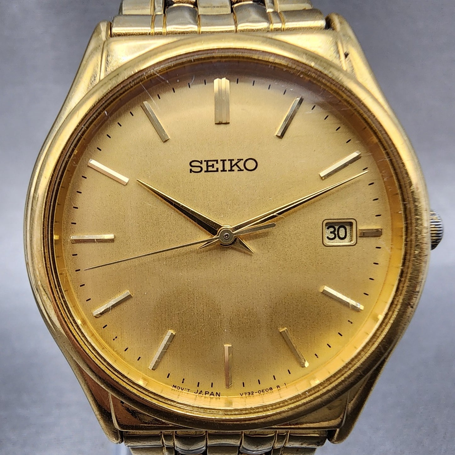 Seiko Watch Men 33mm Champagne Dial Gold Tone Date V732-0c49 New Battery