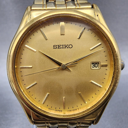 Seiko Watch Men 33mm Champagne Dial Gold Tone Date V732-0c49 New Battery
