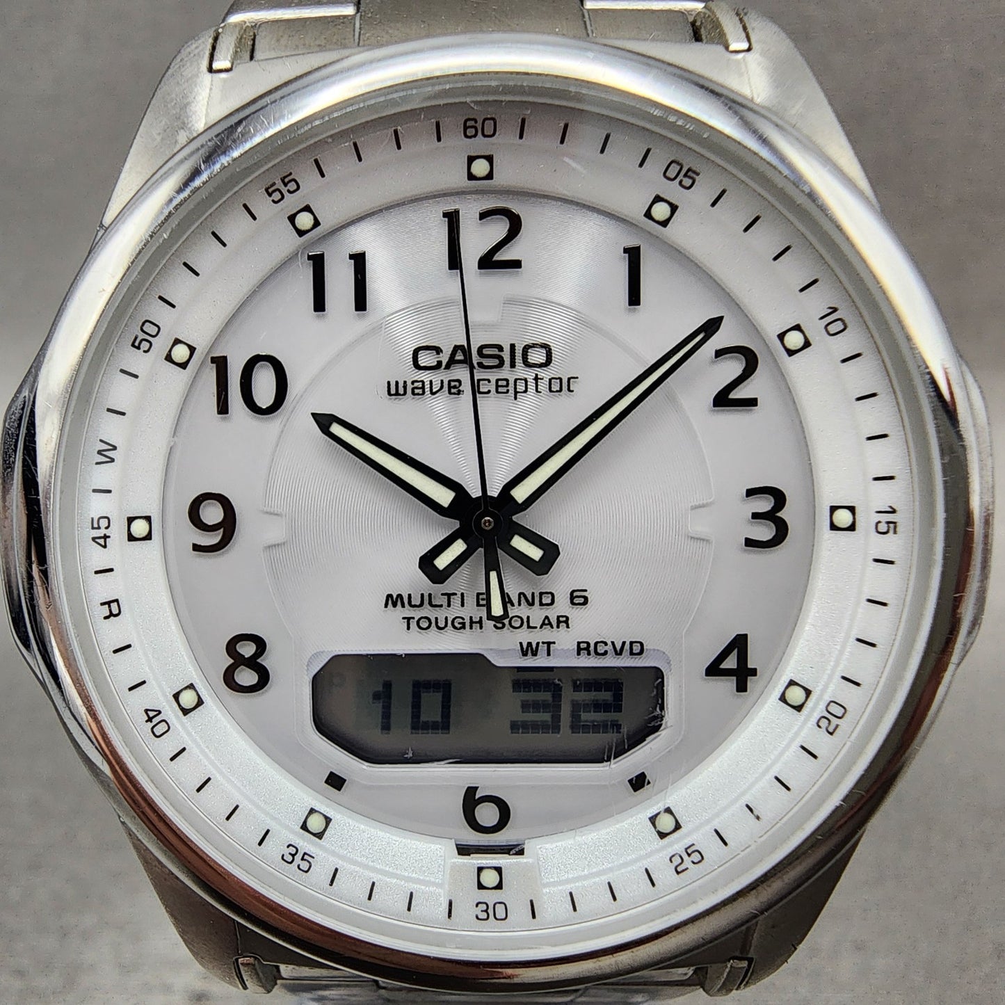 Casio Wave Ceptor Watch Men 42mm White Dial Steel Solar Analog Digital Works1