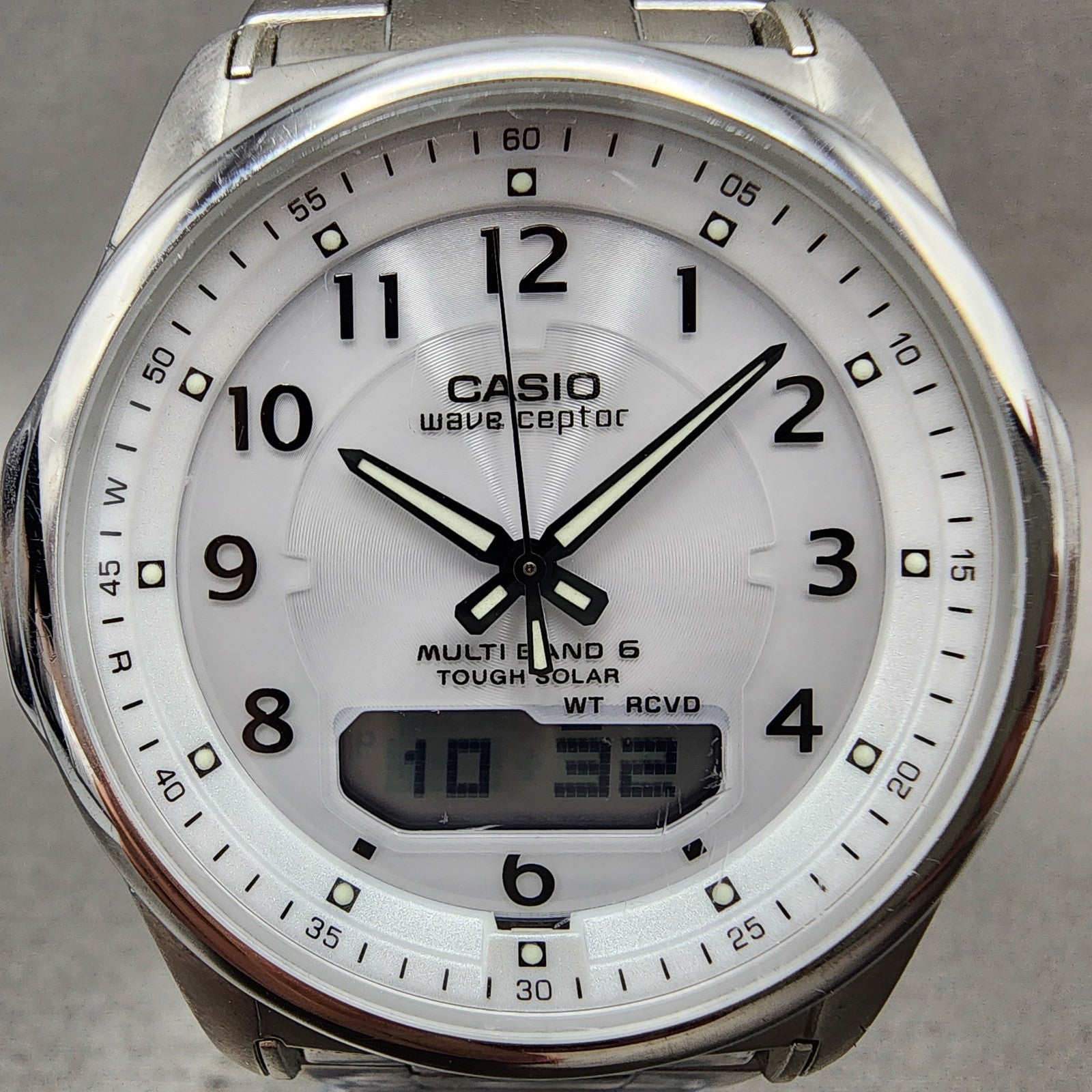 Casio Wave Ceptor Watch Men 42mm White Dial Steel Solar Analog Digital Works1