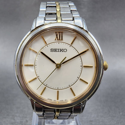 Seiko Watch Men 32mm White Dial Two Tone Round 7n010bc0 New Battery0