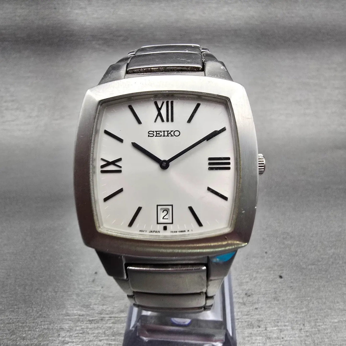Seiko Watch Men 34mm White Dial Silver Tone Date Rectangle 7N39-0AS0 New Battery0