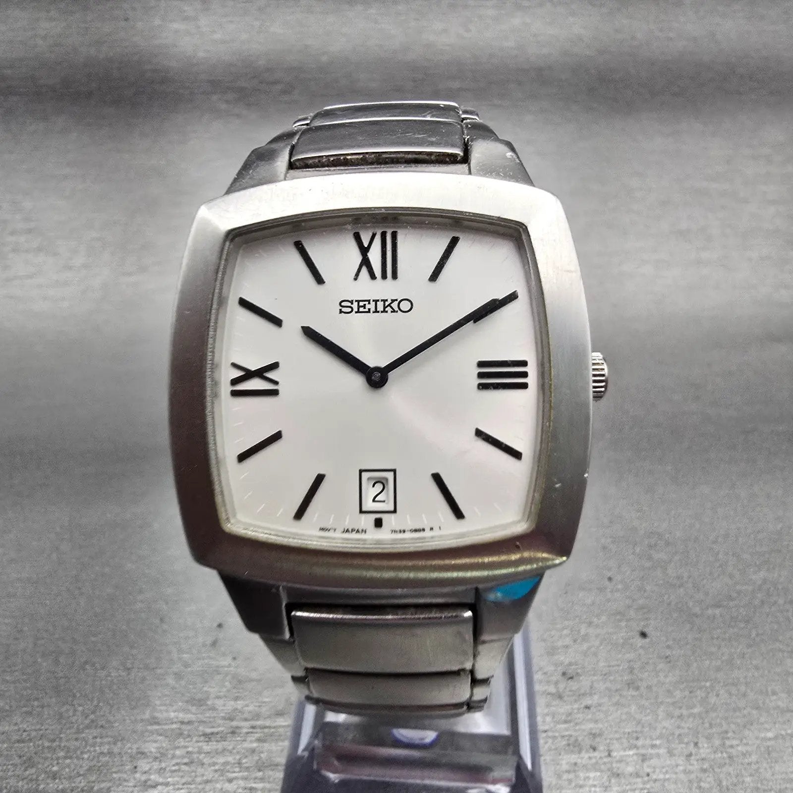 Seiko Watch Men 34mm White Dial Silver Tone Date Rectangle 7N39-0AS0 New Battery0
