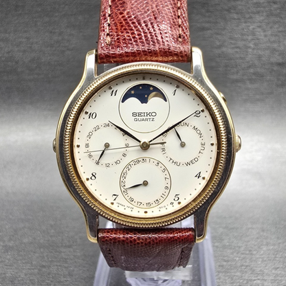 Seiko Moon Phase Watch Men 34mm Ivory Dial Two Tone Daydate 7F39-6029 New Batt0