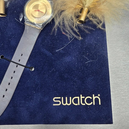 Swatch Plume de Fête Watch Men 34mm Gold Dial Clear Case SFK136 New Battery NOS11