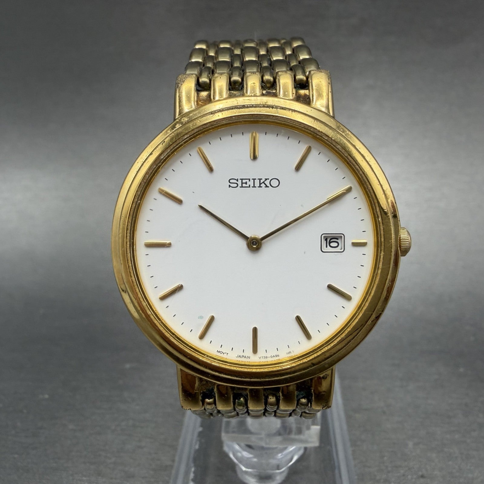 Seiko Watch Men 34mm White Dial Gold Tone Date Round V739-0A59 New Battery0