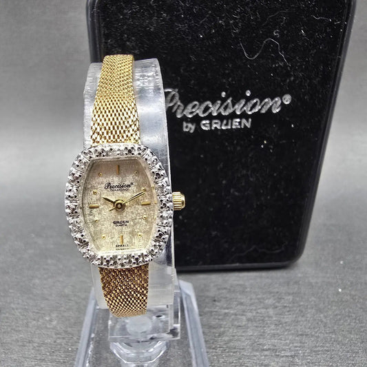 Gruen Precision Watch Women 17mm Champagne Dial Gold Tone Diamond Bezel NewBatt0