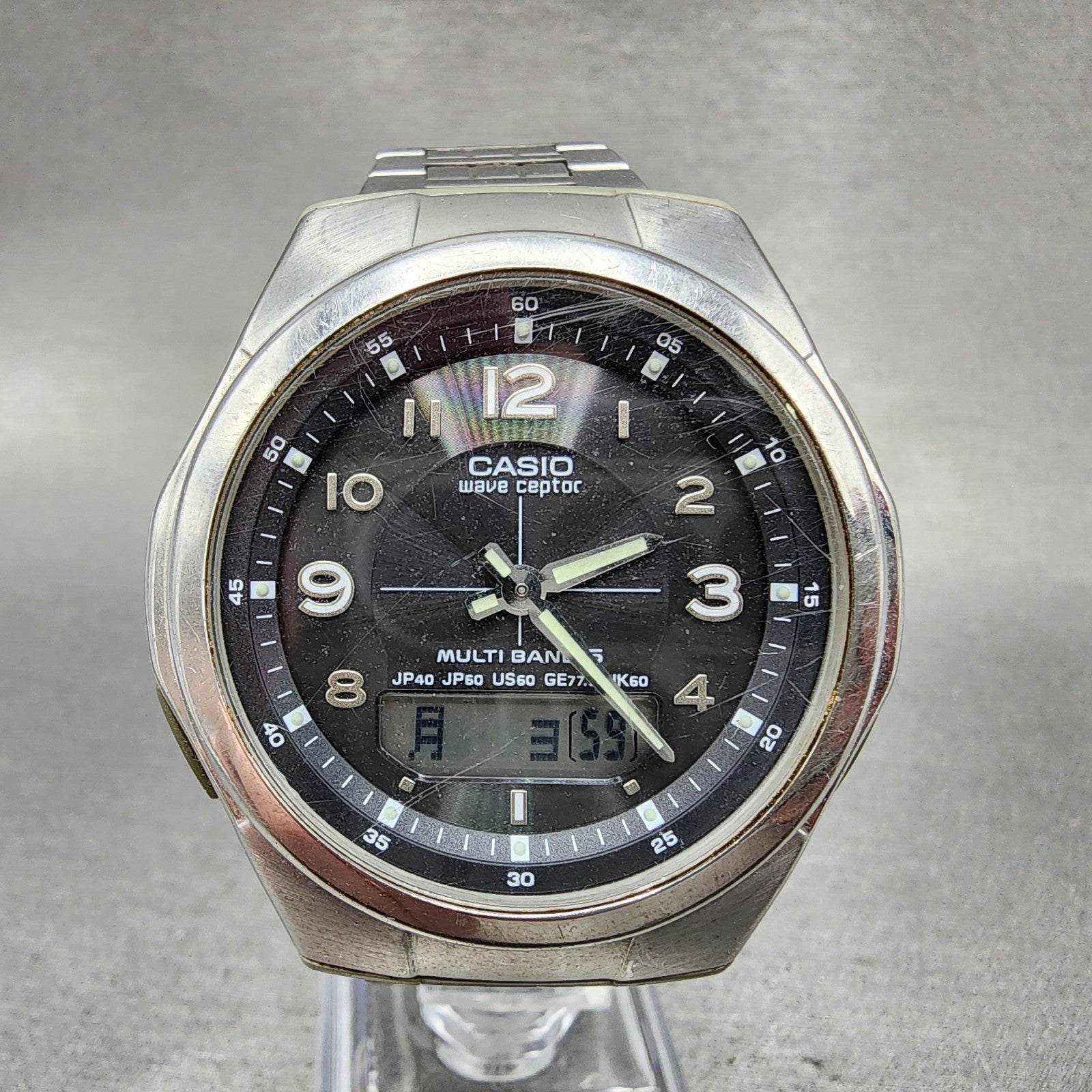 Casio Wave Ceptor Watch Men 41mm Black Dial Silver Tone Analog Digital Solar Run0