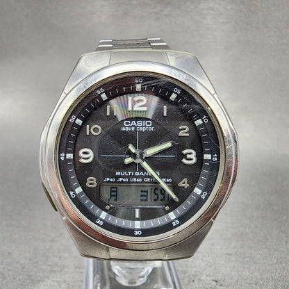 Casio Wave Ceptor Watch Men 41mm Black Dial Silver Tone Analog Digital Solar Run0