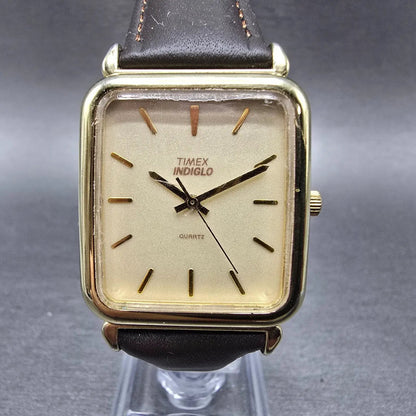 Timex Tank Watch Men 28mm Cream Dial Gold Rectangle Indiglo New Battery VTG0