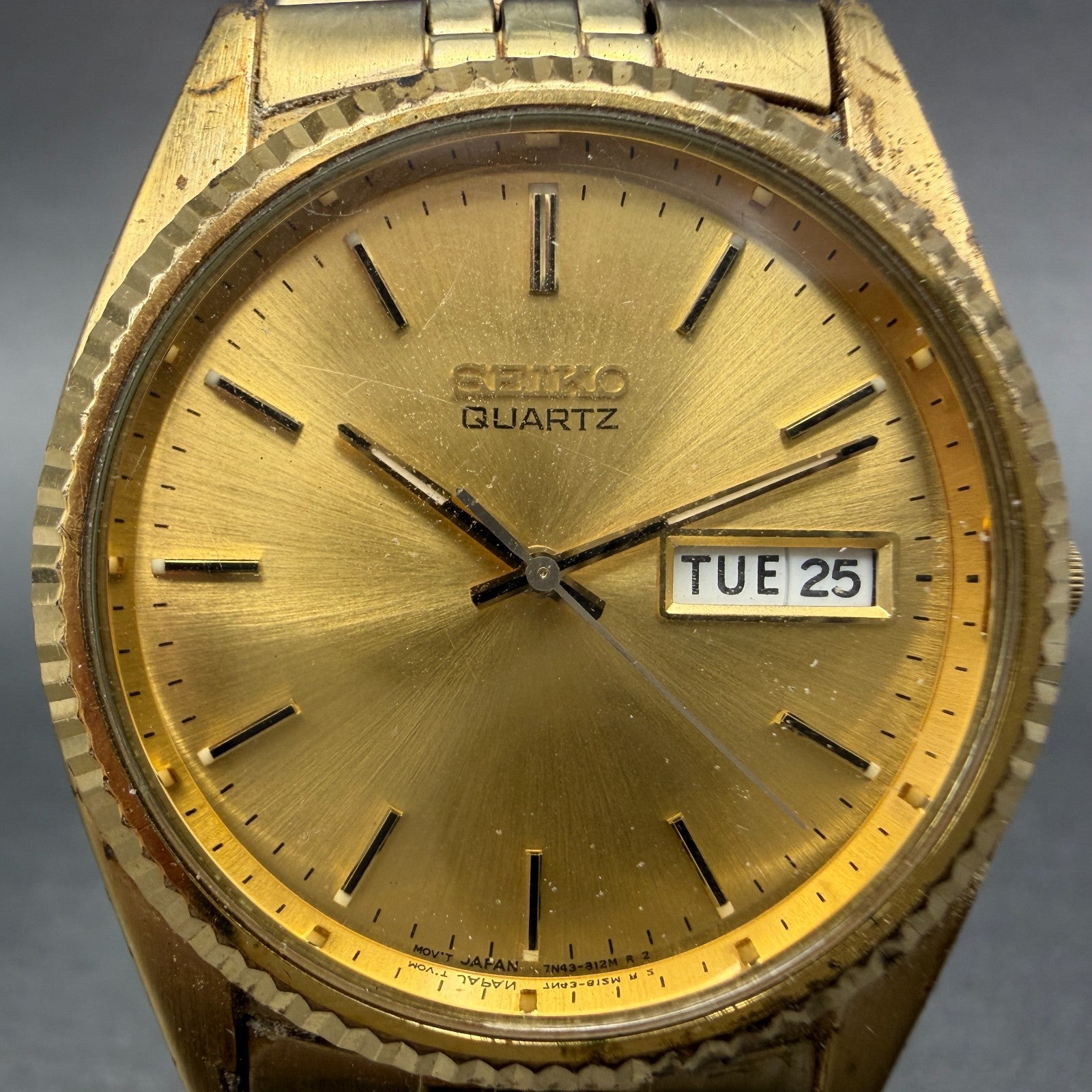 Seiko President Watch Men 36mm Gold Dial Gold Tone Daydate 7N43-8111 New Battery1